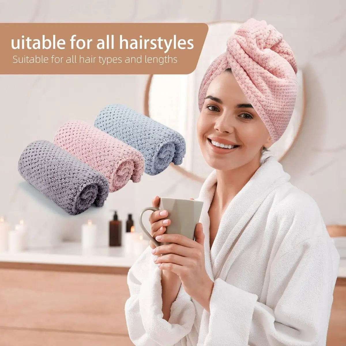 Solid Color Hair Towel Textured Dry Hair Cap 9.8 "X 25.5" Absorbent Hair Towel Wrap for Button-Down Women